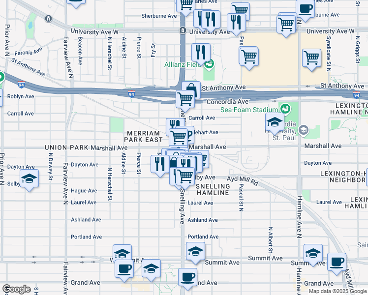 map of restaurants, bars, coffee shops, grocery stores, and more near N Snelling Ave & Marshall Ave in St Paul