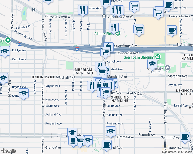 map of restaurants, bars, coffee shops, grocery stores, and more near 1606 Marshall Avenue in Saint Paul