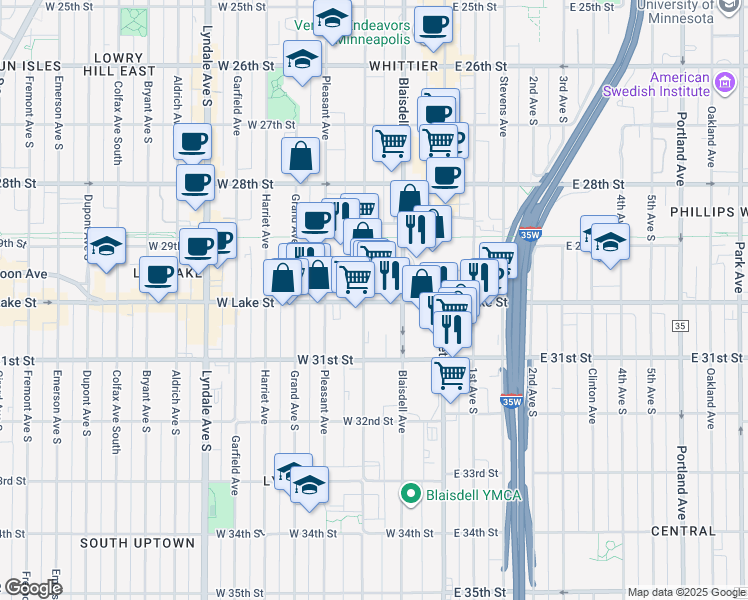 map of restaurants, bars, coffee shops, grocery stores, and more near 127 West Lake Street in Minneapolis