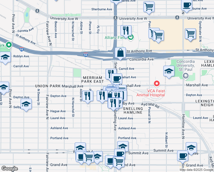 map of restaurants, bars, coffee shops, grocery stores, and more near 1606 Marshall Avenue in Saint Paul