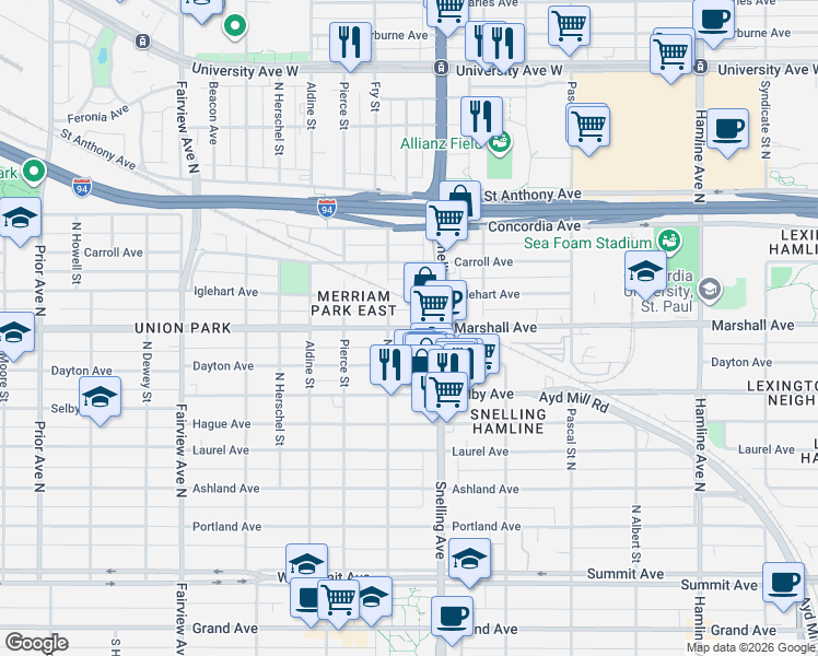 map of restaurants, bars, coffee shops, grocery stores, and more near 1606 Marshall Avenue in Saint Paul