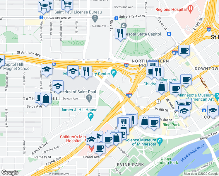 map of restaurants, bars, coffee shops, grocery stores, and more near Kellogg Blvd W & Summit Ave in St Paul