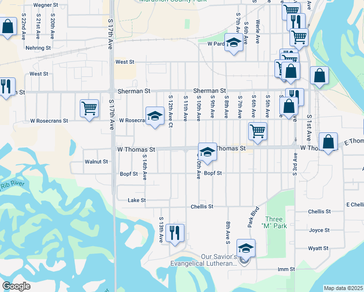 map of restaurants, bars, coffee shops, grocery stores, and more near 1046 South 11th Avenue in Wausau