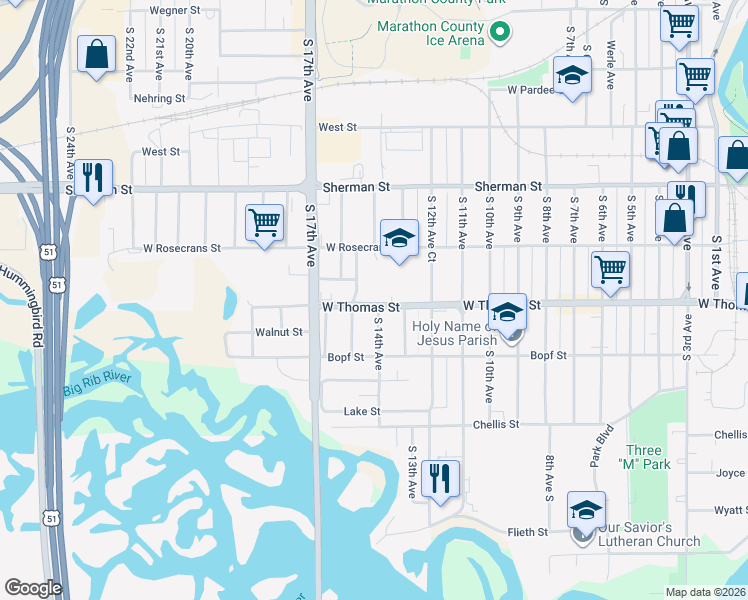 map of restaurants, bars, coffee shops, grocery stores, and more near 1029 South 15th Avenue in Wausau