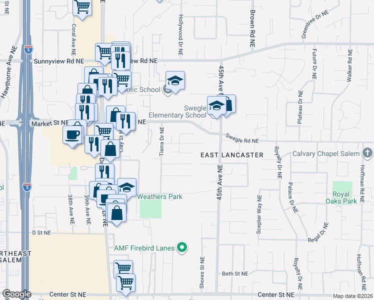 map of restaurants, bars, coffee shops, grocery stores, and more near 4365 Glencoe Street Northeast in Salem