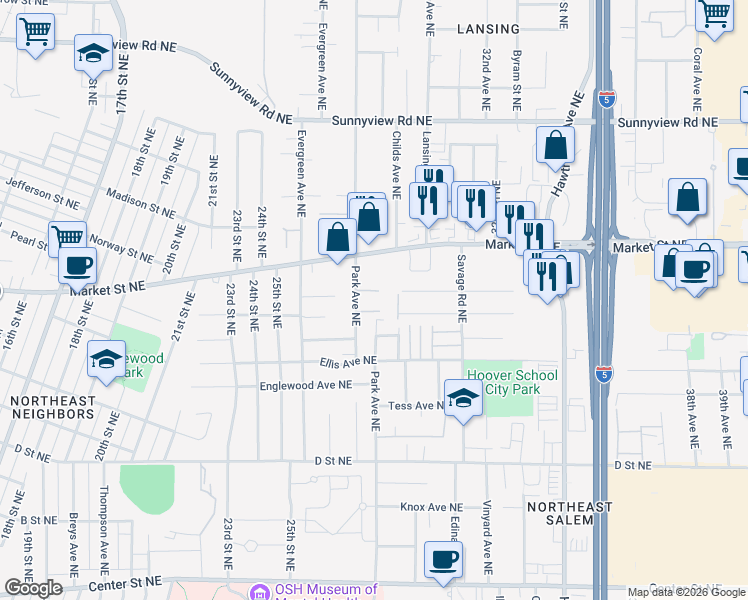 map of restaurants, bars, coffee shops, grocery stores, and more near 1592 Park Avenue Northeast in Salem