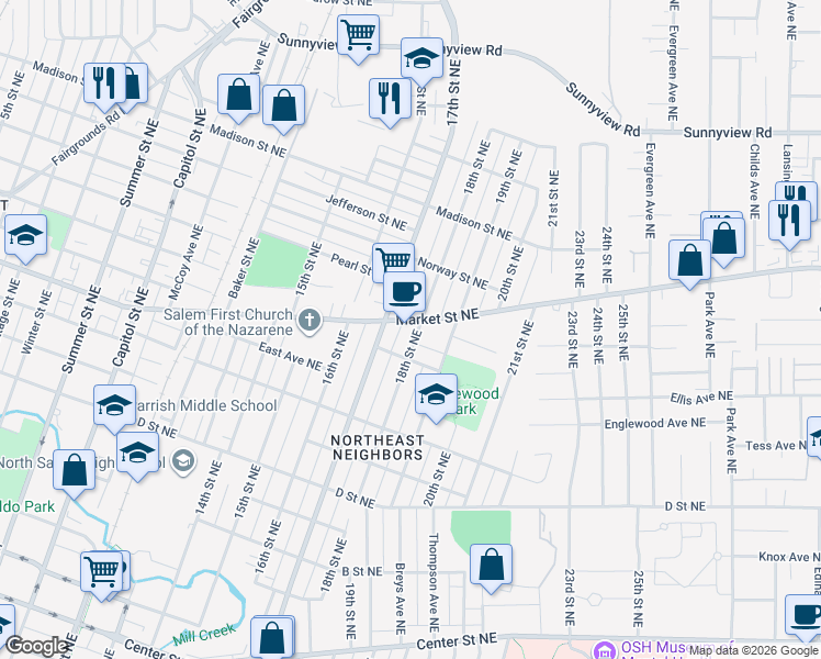 map of restaurants, bars, coffee shops, grocery stores, and more near 1415 18th Street Northeast in Salem