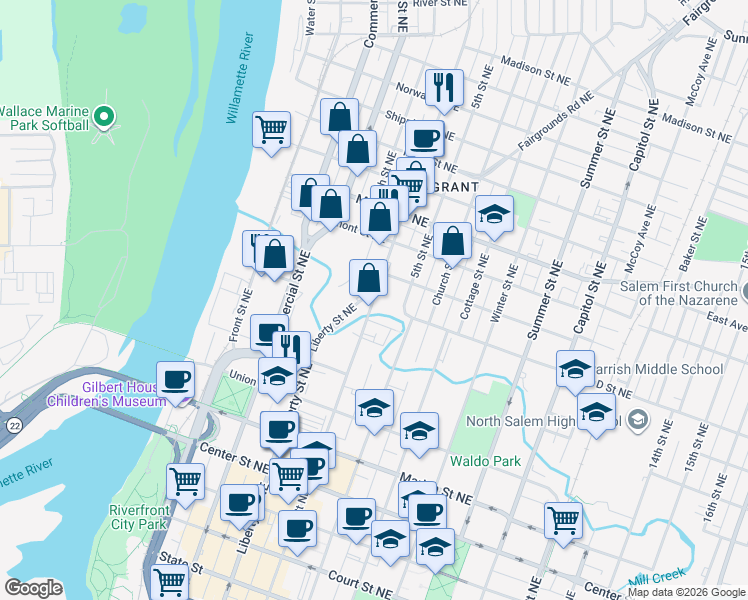 map of restaurants, bars, coffee shops, grocery stores, and more near 965 Broadway Street Northeast in Salem