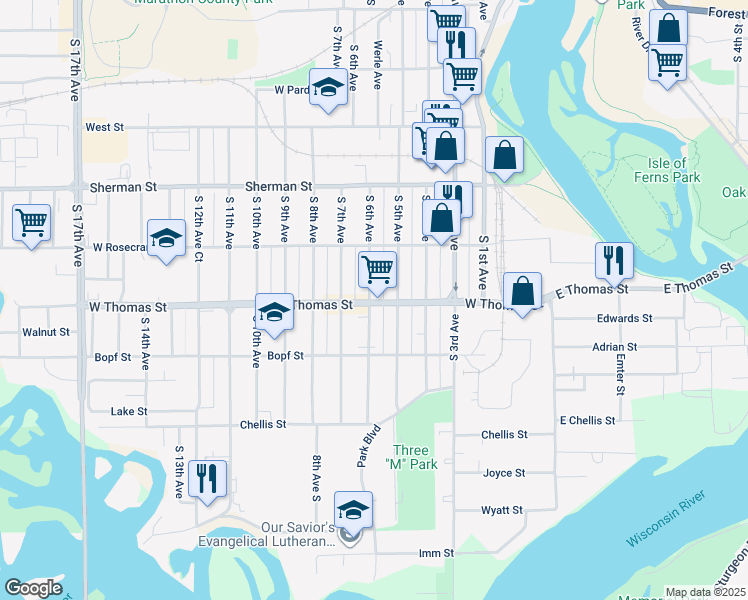 map of restaurants, bars, coffee shops, grocery stores, and more near 1028 South 6th Avenue in Wausau