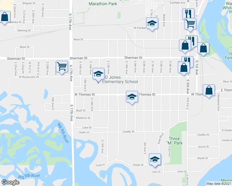 map of restaurants, bars, coffee shops, grocery stores, and more near 1026 South 11th Avenue in Wausau