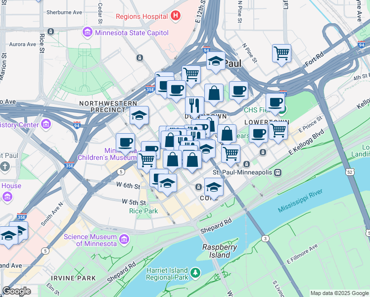 map of restaurants, bars, coffee shops, grocery stores, and more near 85 7th Place East in Saint Paul