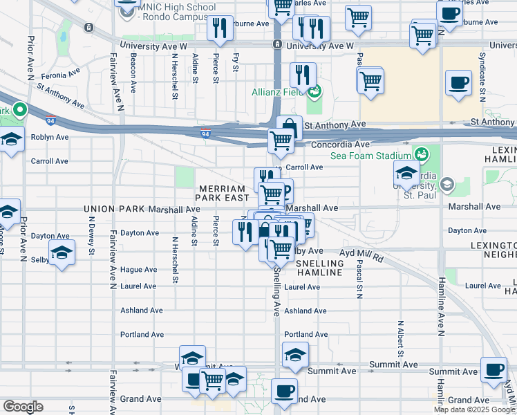 map of restaurants, bars, coffee shops, grocery stores, and more near 1605 Marshall Avenue in Saint Paul