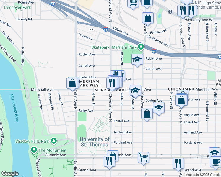 map of restaurants, bars, coffee shops, grocery stores, and more near in Saint Paul