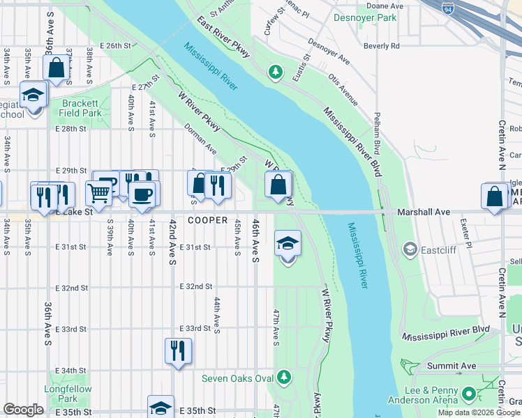 map of restaurants, bars, coffee shops, grocery stores, and more near 2943 Dorman Avenue in Minneapolis