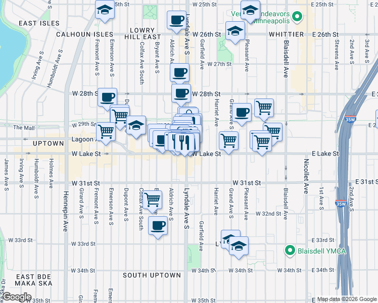 map of restaurants, bars, coffee shops, grocery stores, and more near in Minneapolis