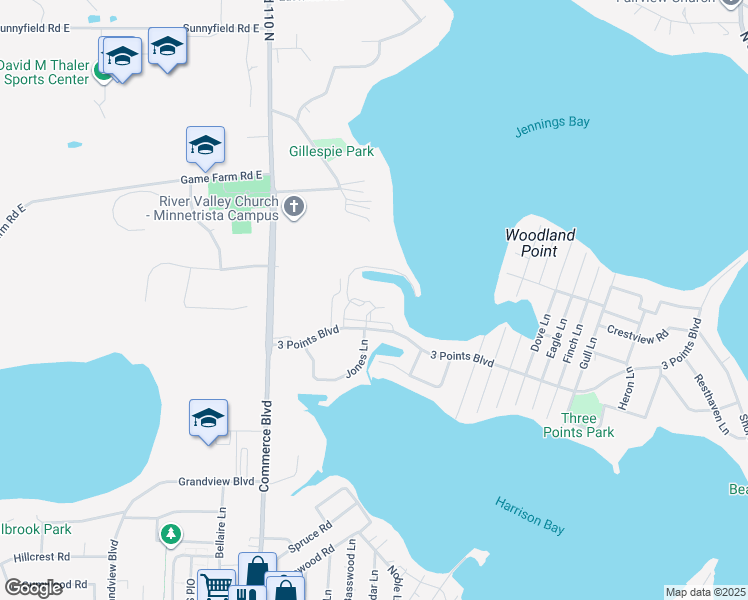 map of restaurants, bars, coffee shops, grocery stores, and more near 5410 3 Points Boulevard in Mound