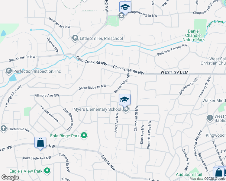 map of restaurants, bars, coffee shops, grocery stores, and more near 979 Burley Hill Drive Northwest in Salem