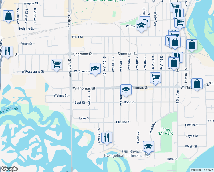 map of restaurants, bars, coffee shops, grocery stores, and more near 1116 West Thomas Street in Wausau