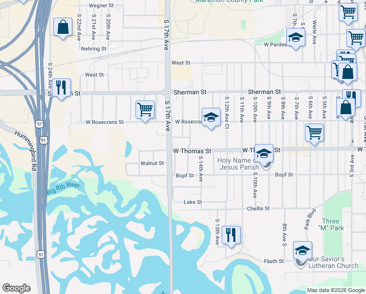 map of restaurants, bars, coffee shops, grocery stores, and more near 1029 South 15th Avenue in Wausau