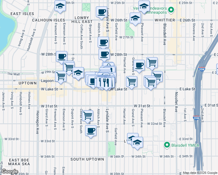 map of restaurants, bars, coffee shops, grocery stores, and more near in Minneapolis