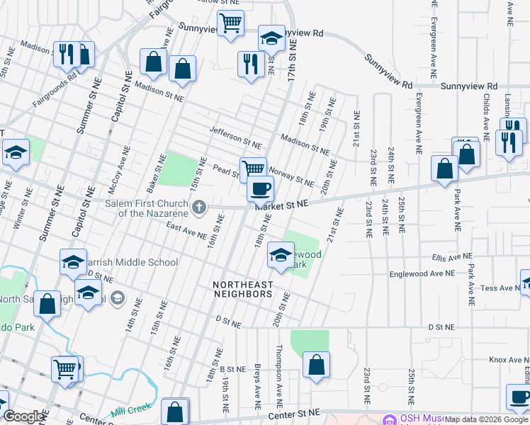 map of restaurants, bars, coffee shops, grocery stores, and more near 1415 18th Street Northeast in Salem