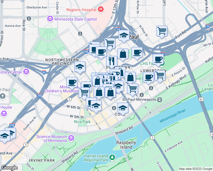 map of restaurants, bars, coffee shops, grocery stores, and more near 85 7th Place East in Saint Paul