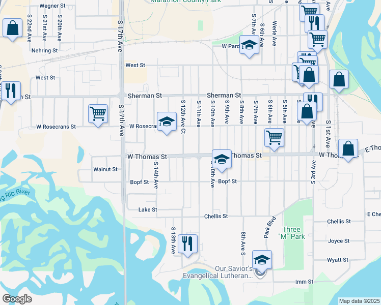 map of restaurants, bars, coffee shops, grocery stores, and more near 1112 West Thomas Street in Wausau