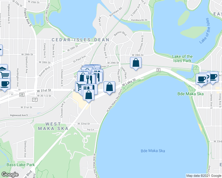 map of restaurants, bars, coffee shops, grocery stores, and more near 3036 County Road 25 in St. Louis Park