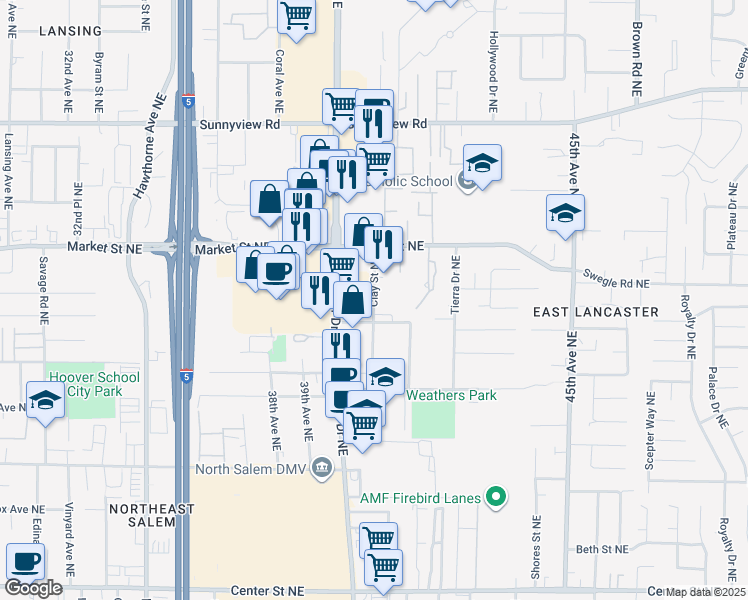 map of restaurants, bars, coffee shops, grocery stores, and more near 1552 Clay Street Northeast in Salem