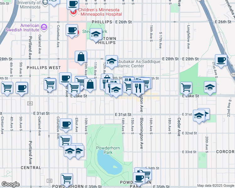 map of restaurants, bars, coffee shops, grocery stores, and more near 1310 East Lake Street in Minneapolis