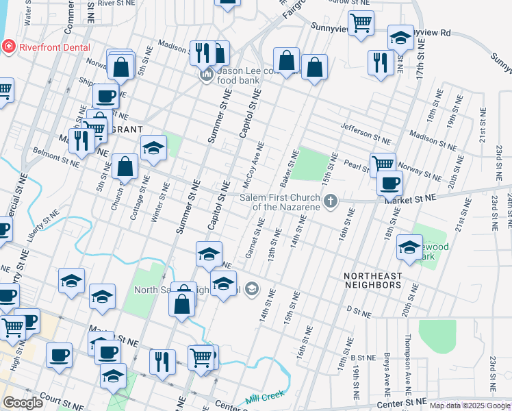 map of restaurants, bars, coffee shops, grocery stores, and more near 1175 Market Street Northeast in Salem