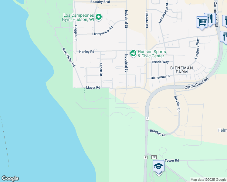 map of restaurants, bars, coffee shops, grocery stores, and more near 1501 Southpoint Drive in Hudson
