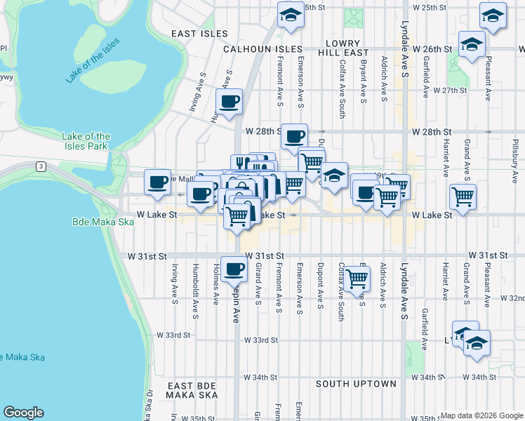 map of restaurants, bars, coffee shops, grocery stores, and more near 2921 Girard Avenue South in Minneapolis