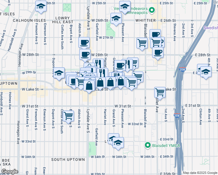 map of restaurants, bars, coffee shops, grocery stores, and more near 2943 Harriet Avenue in Minneapolis