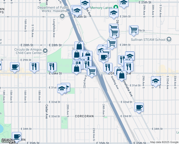 map of restaurants, bars, coffee shops, grocery stores, and more near 2220 East Lake Street in Minneapolis