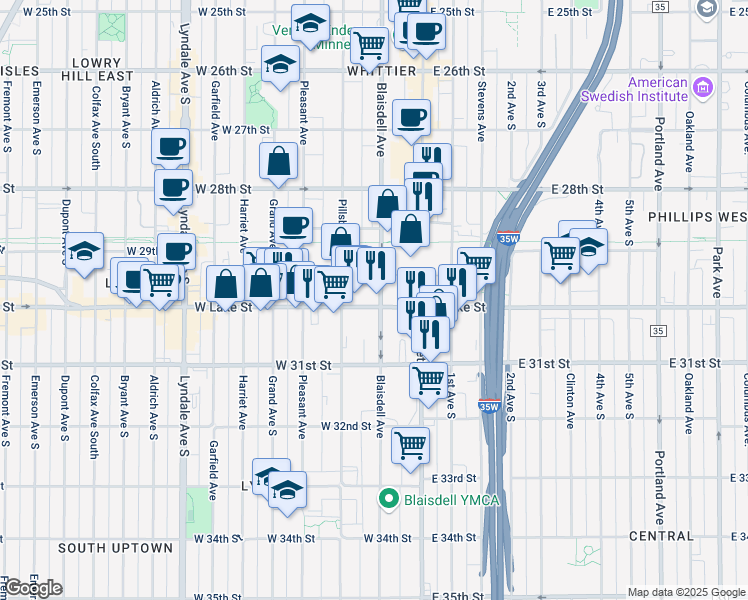 map of restaurants, bars, coffee shops, grocery stores, and more near 124 West Lake Street in Minneapolis