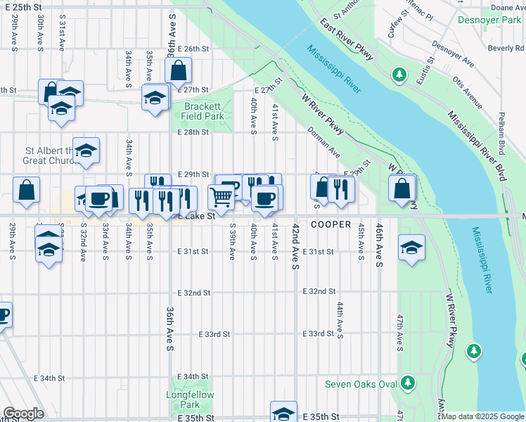 map of restaurants, bars, coffee shops, grocery stores, and more near 2932 41st Avenue South in Minneapolis