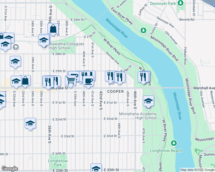 map of restaurants, bars, coffee shops, grocery stores, and more near 2939 43rd Avenue South in Minneapolis