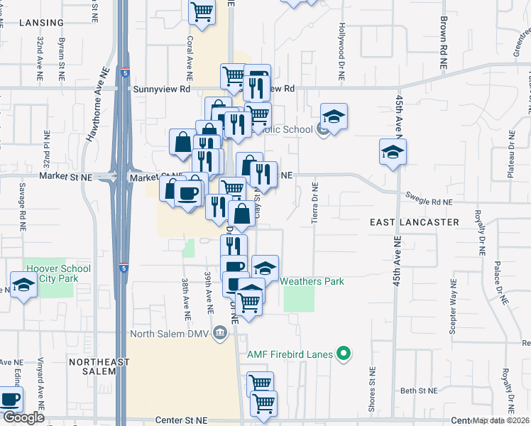 map of restaurants, bars, coffee shops, grocery stores, and more near 1593 Clay Street Northeast in Salem