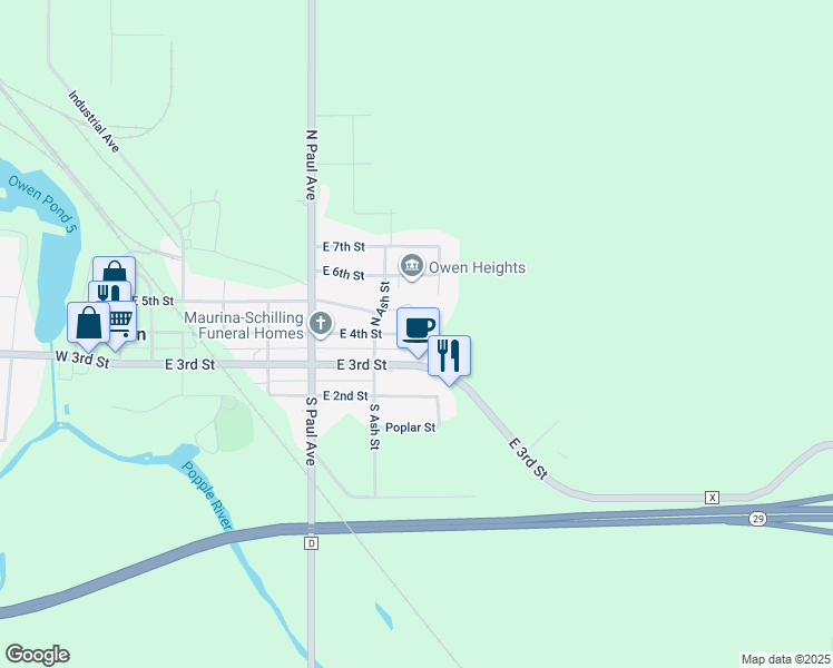 map of restaurants, bars, coffee shops, grocery stores, and more near 812 E 4th St in Owen