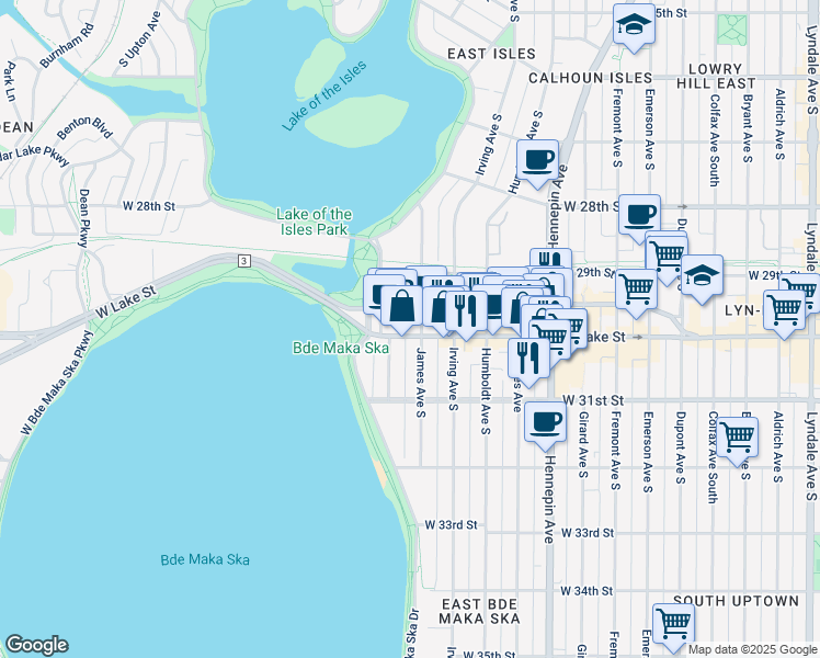 map of restaurants, bars, coffee shops, grocery stores, and more near 1710 West Lake Street in Minneapolis