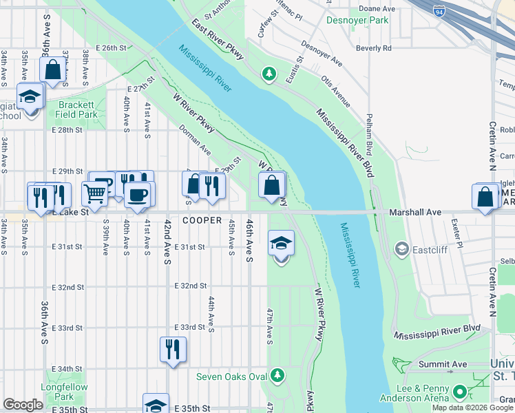 map of restaurants, bars, coffee shops, grocery stores, and more near 4610 East Lake Street in Minneapolis