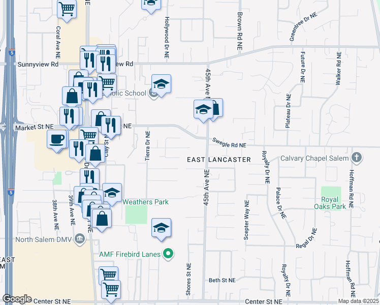 map of restaurants, bars, coffee shops, grocery stores, and more near 1549 45th Avenue Northeast in Salem