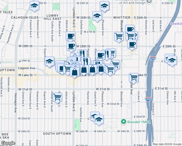 map of restaurants, bars, coffee shops, grocery stores, and more near 2943 Harriet Avenue in Minneapolis