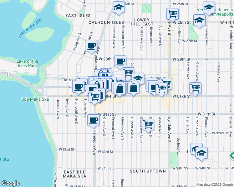 map of restaurants, bars, coffee shops, grocery stores, and more near 1215 Lagoon Avenue in Minneapolis