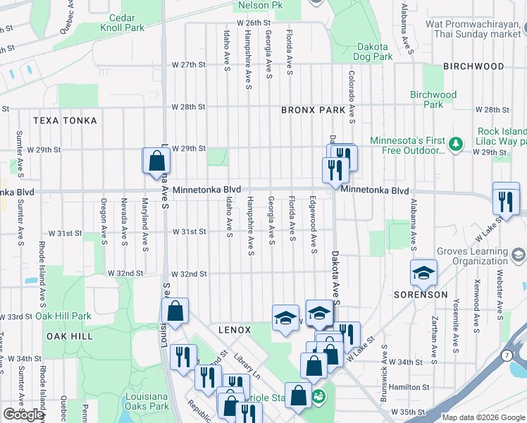 map of restaurants, bars, coffee shops, grocery stores, and more near 3021 Georgia Avenue South in Minneapolis