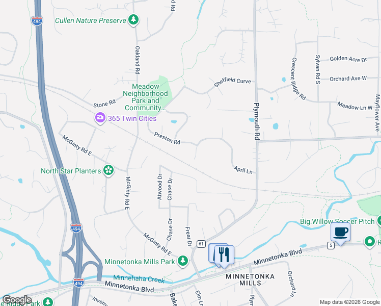 map of restaurants, bars, coffee shops, grocery stores, and more near 13118 April Lane in Hopkins
