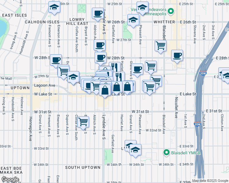 map of restaurants, bars, coffee shops, grocery stores, and more near 550 West Lake Street in Minneapolis