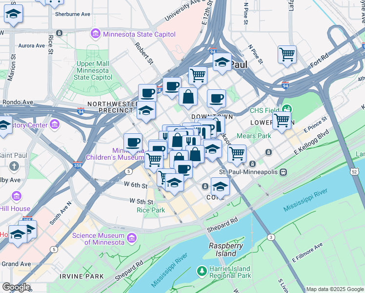 map of restaurants, bars, coffee shops, grocery stores, and more near 455 Minnesota Street in Saint Paul