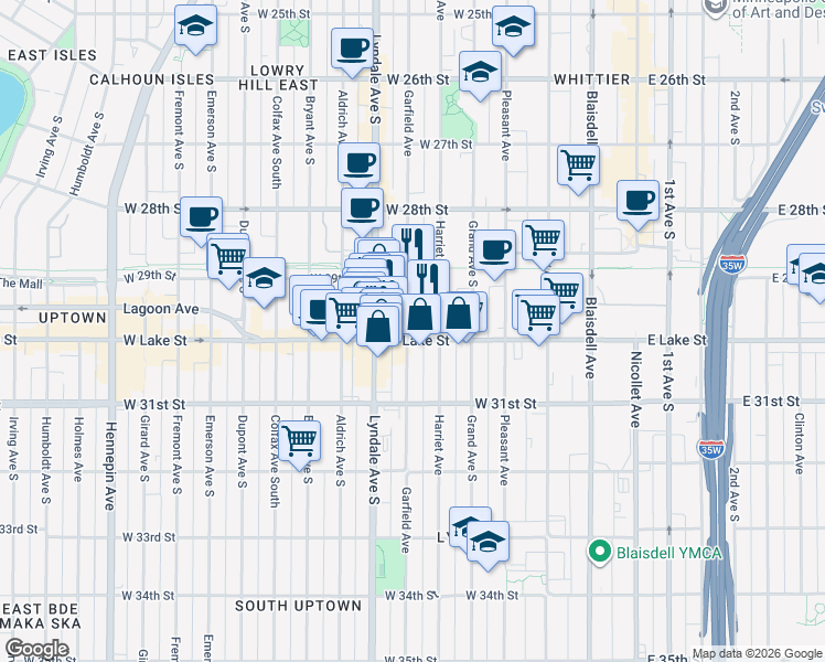 map of restaurants, bars, coffee shops, grocery stores, and more near 550 West Lake Street in Minneapolis